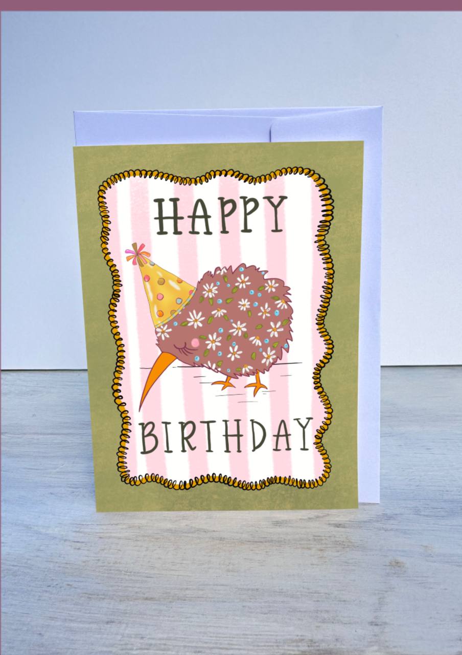Kiwiana Greeting Card- Floral Kiwi Happy Birthday