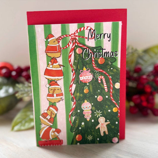 Greeting Card (Christmas tree and Santa Kiwis)