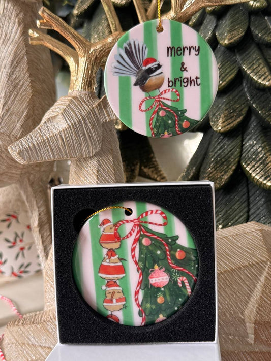 Ceramic Christmas Ornament (Santa kiwis and Fantail)