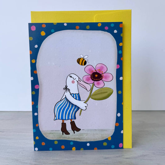 Kiwiana Greeting Card- Cute Royal Albatross and Flower
