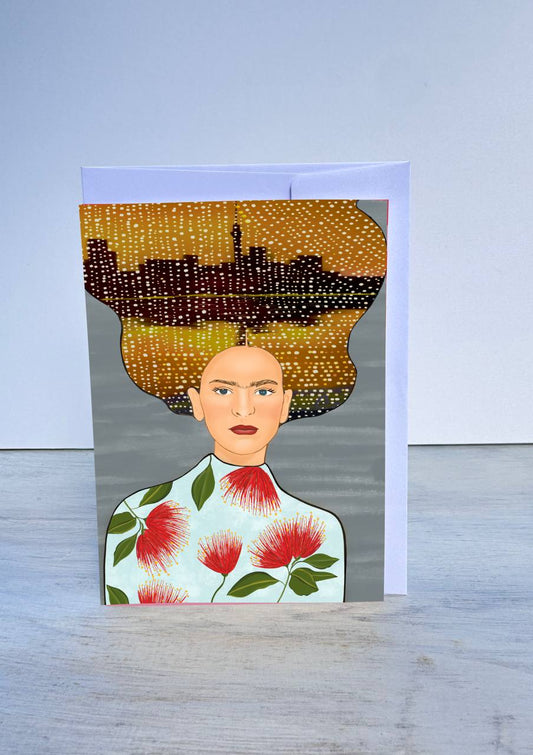 Kiwiana Greeting Card- Auckland Skyline in Her Hair