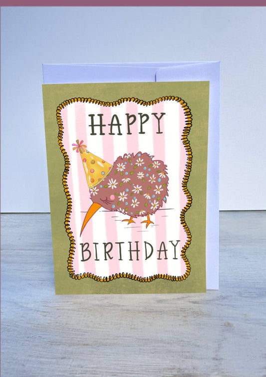 Kiwiana Greeting Card- Floral Kiwi Happy Birthday